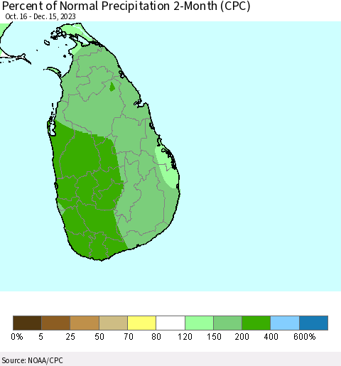 Sri Lanka Percent of Normal Precipitation 2-Month (CPC) Thematic Map For 10/16/2023 - 12/15/2023