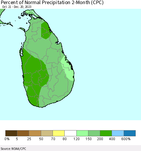 Sri Lanka Percent of Normal Precipitation 2-Month (CPC) Thematic Map For 10/21/2023 - 12/20/2023