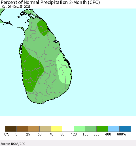 Sri Lanka Percent of Normal Precipitation 2-Month (CPC) Thematic Map For 10/26/2023 - 12/25/2023
