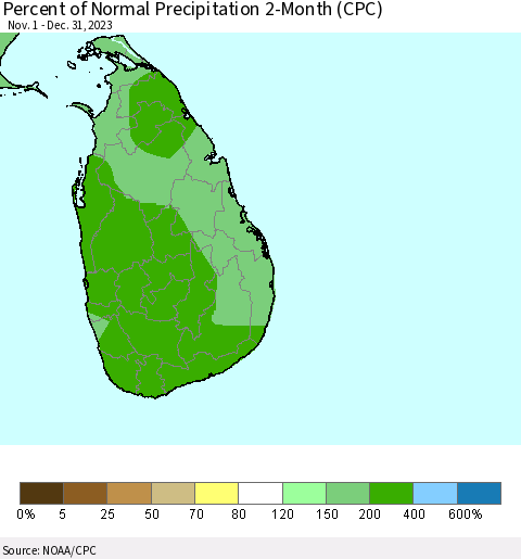 Sri Lanka Percent of Normal Precipitation 2-Month (CPC) Thematic Map For 11/1/2023 - 12/31/2023