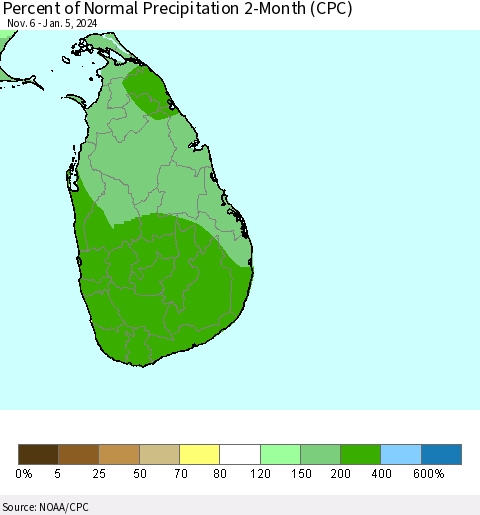 Sri Lanka Percent of Normal Precipitation 2-Month (CPC) Thematic Map For 11/6/2023 - 1/5/2024