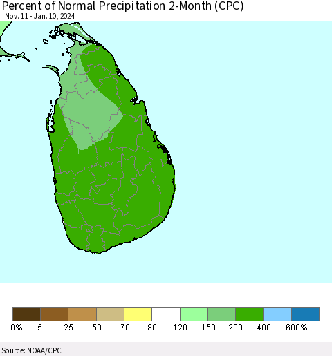 Sri Lanka Percent of Normal Precipitation 2-Month (CPC) Thematic Map For 11/11/2023 - 1/10/2024