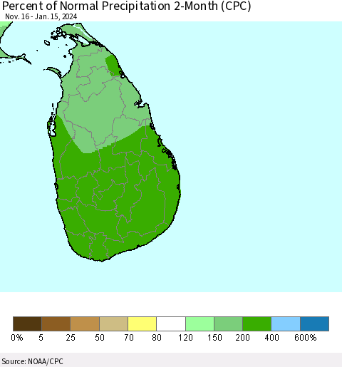 Sri Lanka Percent of Normal Precipitation 2-Month (CPC) Thematic Map For 11/16/2023 - 1/15/2024
