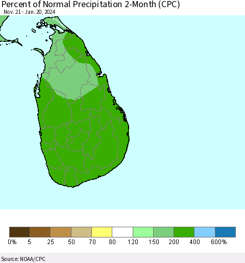 Sri Lanka Percent of Normal Precipitation 2-Month (CPC) Thematic Map For 11/21/2023 - 1/20/2024