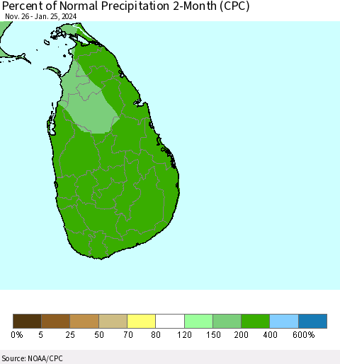 Sri Lanka Percent of Normal Precipitation 2-Month (CPC) Thematic Map For 11/26/2023 - 1/25/2024