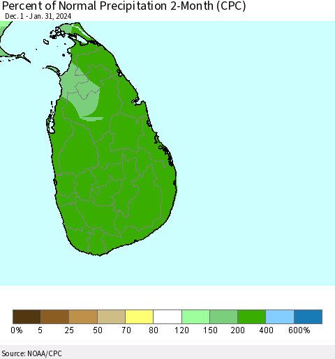 Sri Lanka Percent of Normal Precipitation 2-Month (CPC) Thematic Map For 12/1/2023 - 1/31/2024
