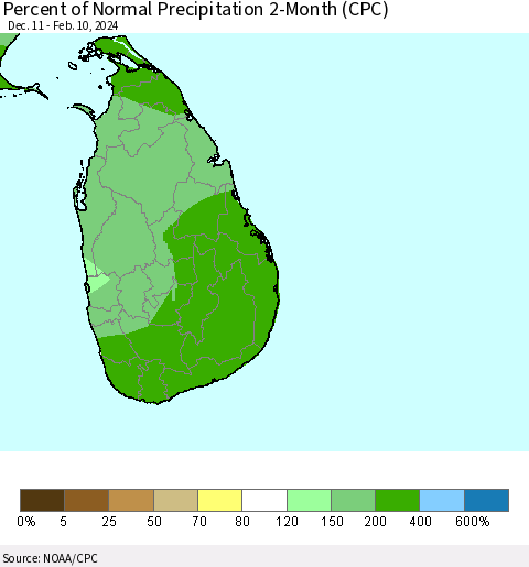 Sri Lanka Percent of Normal Precipitation 2-Month (CPC) Thematic Map For 12/11/2023 - 2/10/2024