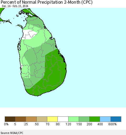 Sri Lanka Percent of Normal Precipitation 2-Month (CPC) Thematic Map For 12/16/2023 - 2/15/2024