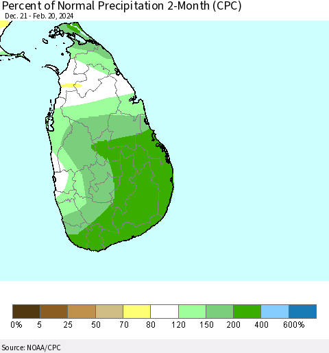 Sri Lanka Percent of Normal Precipitation 2-Month (CPC) Thematic Map For 12/21/2023 - 2/20/2024