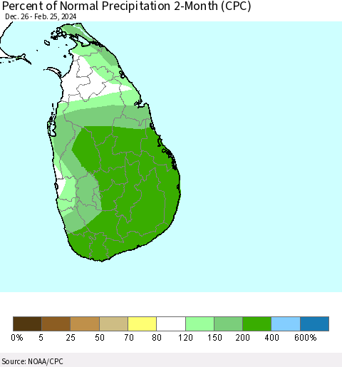 Sri Lanka Percent of Normal Precipitation 2-Month (CPC) Thematic Map For 12/26/2023 - 2/25/2024