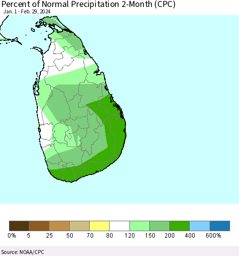 Sri Lanka Percent of Normal Precipitation 2-Month (CPC) Thematic Map For 1/1/2024 - 2/29/2024