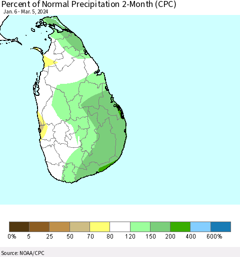 Sri Lanka Percent of Normal Precipitation 2-Month (CPC) Thematic Map For 1/6/2024 - 3/5/2024