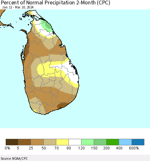 Sri Lanka Percent of Normal Precipitation 2-Month (CPC) Thematic Map For 1/11/2024 - 3/10/2024