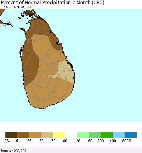 Sri Lanka Percent of Normal Precipitation 2-Month (CPC) Thematic Map For 1/21/2024 - 3/20/2024