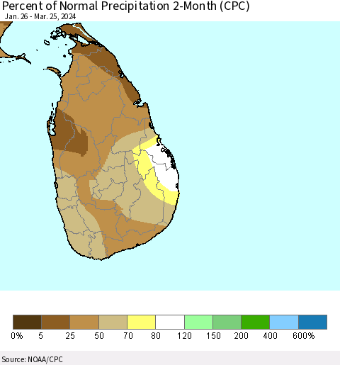 Sri Lanka Percent of Normal Precipitation 2-Month (CPC) Thematic Map For 1/26/2024 - 3/25/2024