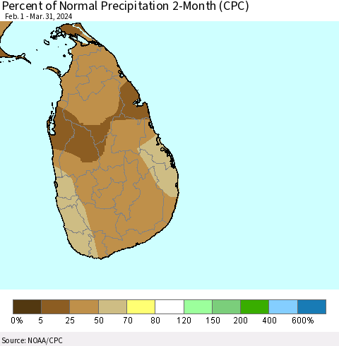 Sri Lanka Percent of Normal Precipitation 2-Month (CPC) Thematic Map For 2/1/2024 - 3/31/2024