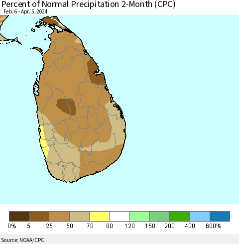 Sri Lanka Percent of Normal Precipitation 2-Month (CPC) Thematic Map For 2/6/2024 - 4/5/2024