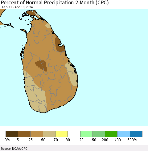 Sri Lanka Percent of Normal Precipitation 2-Month (CPC) Thematic Map For 2/11/2024 - 4/10/2024