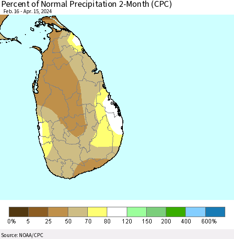Sri Lanka Percent of Normal Precipitation 2-Month (CPC) Thematic Map For 2/16/2024 - 4/15/2024
