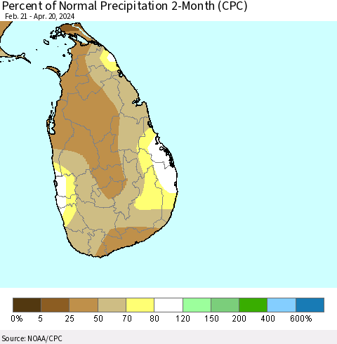 Sri Lanka Percent of Normal Precipitation 2-Month (CPC) Thematic Map For 2/21/2024 - 4/20/2024