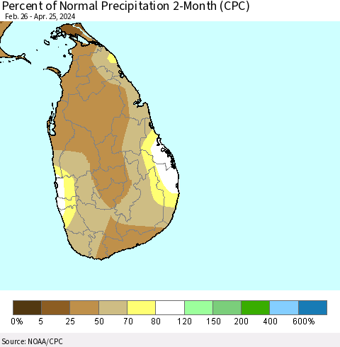 Sri Lanka Percent of Normal Precipitation 2-Month (CPC) Thematic Map For 2/26/2024 - 4/25/2024