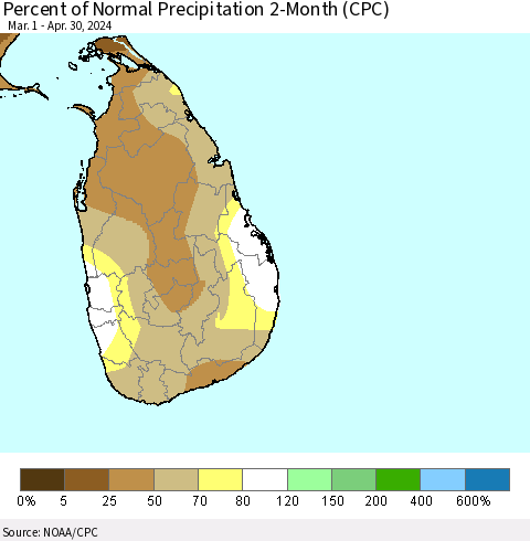 Sri Lanka Percent of Normal Precipitation 2-Month (CPC) Thematic Map For 3/1/2024 - 4/30/2024