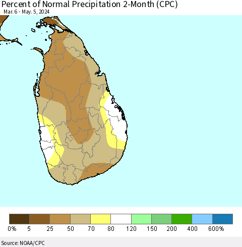Sri Lanka Percent of Normal Precipitation 2-Month (CPC) Thematic Map For 3/6/2024 - 5/5/2024