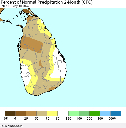 Sri Lanka Percent of Normal Precipitation 2-Month (CPC) Thematic Map For 3/11/2024 - 5/10/2024