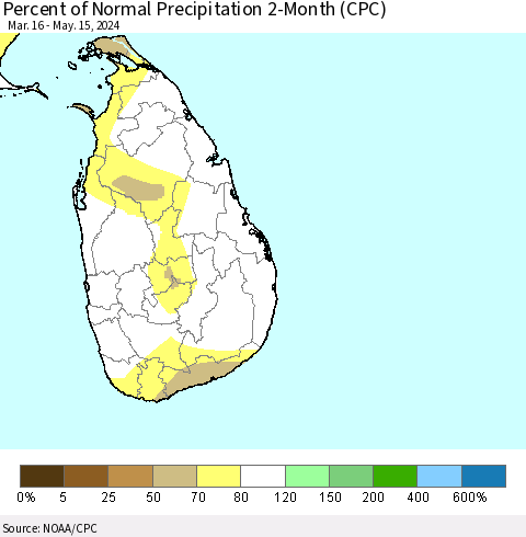 Sri Lanka Percent of Normal Precipitation 2-Month (CPC) Thematic Map For 3/16/2024 - 5/15/2024