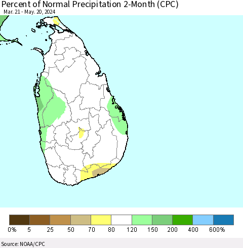Sri Lanka Percent of Normal Precipitation 2-Month (CPC) Thematic Map For 3/21/2024 - 5/20/2024