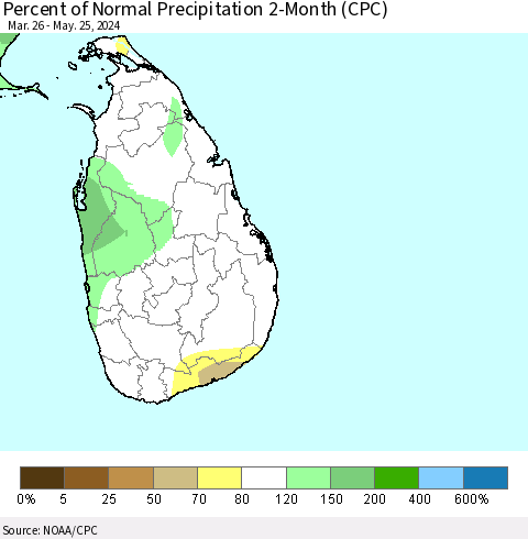 Sri Lanka Percent of Normal Precipitation 2-Month (CPC) Thematic Map For 3/26/2024 - 5/25/2024