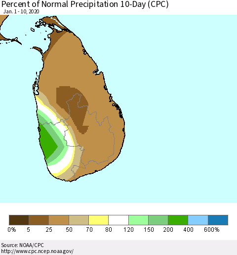Sri Lanka Percent of Normal Precipitation 10-Day (CPC) Thematic Map For 1/1/2020 - 1/10/2020