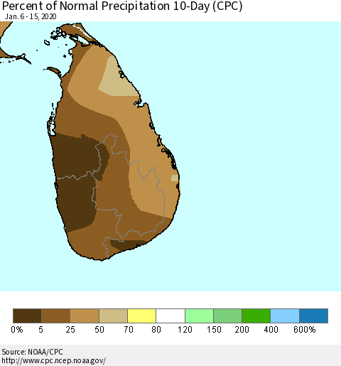 Sri Lanka Percent of Normal Precipitation 10-Day (CPC) Thematic Map For 1/6/2020 - 1/15/2020