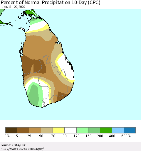 Sri Lanka Percent of Normal Precipitation 10-Day (CPC) Thematic Map For 1/11/2020 - 1/20/2020