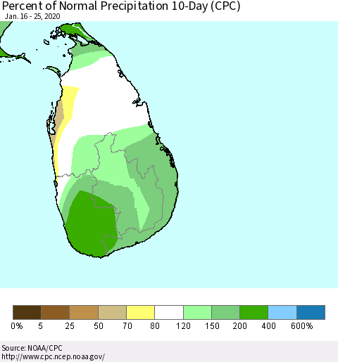 Sri Lanka Percent of Normal Precipitation 10-Day (CPC) Thematic Map For 1/16/2020 - 1/25/2020