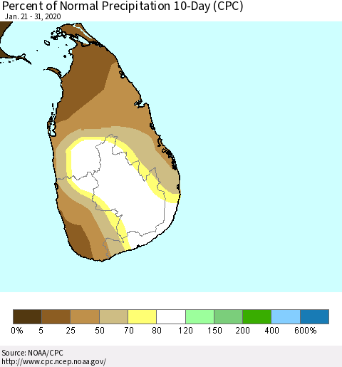 Sri Lanka Percent of Normal Precipitation 10-Day (CPC) Thematic Map For 1/21/2020 - 1/31/2020