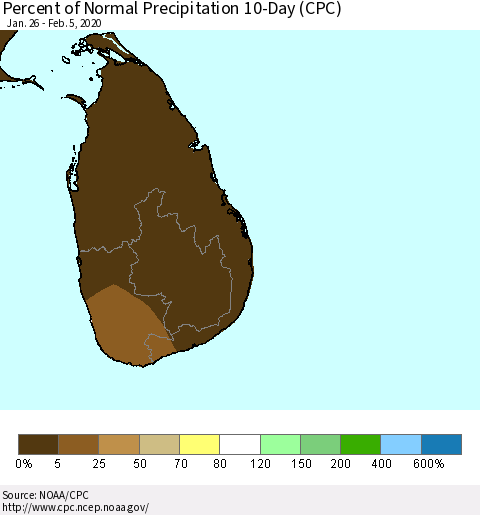 Sri Lanka Percent of Normal Precipitation 10-Day (CPC) Thematic Map For 1/26/2020 - 2/5/2020