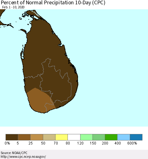 Sri Lanka Percent of Normal Precipitation 10-Day (CPC) Thematic Map For 2/1/2020 - 2/10/2020