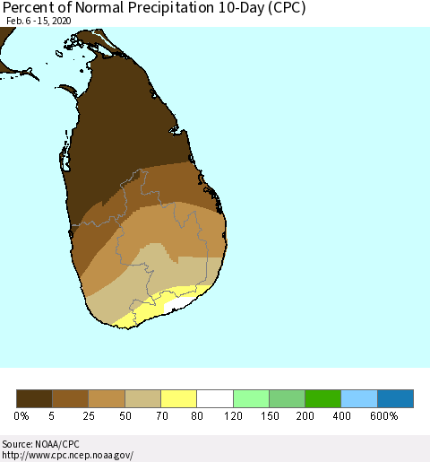 Sri Lanka Percent of Normal Precipitation 10-Day (CPC) Thematic Map For 2/6/2020 - 2/15/2020