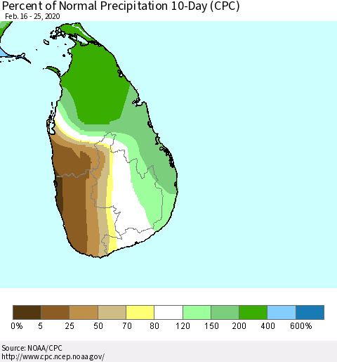 Sri Lanka Percent of Normal Precipitation 10-Day (CPC) Thematic Map For 2/16/2020 - 2/25/2020