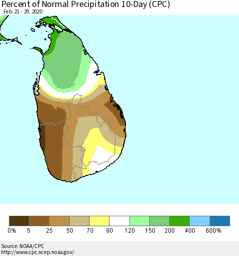 Sri Lanka Percent of Normal Precipitation 10-Day (CPC) Thematic Map For 2/21/2020 - 2/29/2020
