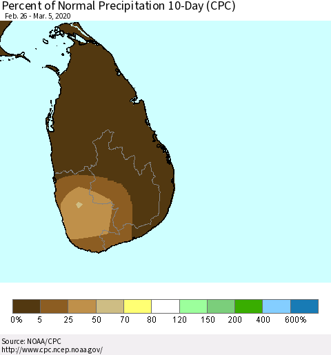 Sri Lanka Percent of Normal Precipitation 10-Day (CPC) Thematic Map For 2/26/2020 - 3/5/2020