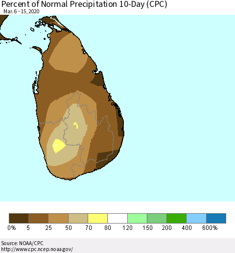 Sri Lanka Percent of Normal Precipitation 10-Day (CPC) Thematic Map For 3/6/2020 - 3/15/2020