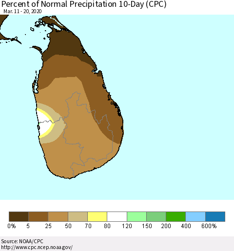 Sri Lanka Percent of Normal Precipitation 10-Day (CPC) Thematic Map For 3/11/2020 - 3/20/2020