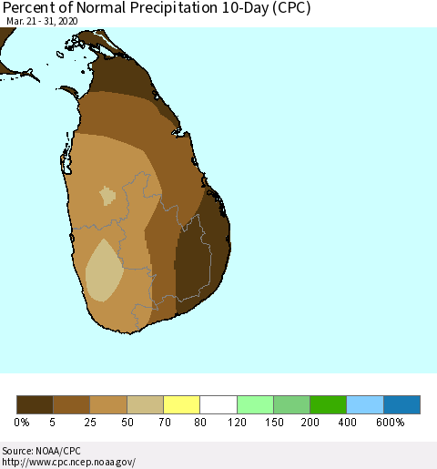 Sri Lanka Percent of Normal Precipitation 10-Day (CPC) Thematic Map For 3/21/2020 - 3/31/2020