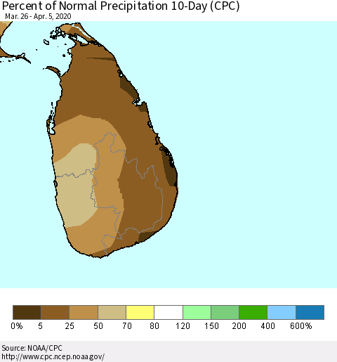 Sri Lanka Percent of Normal Precipitation 10-Day (CPC) Thematic Map For 3/26/2020 - 4/5/2020