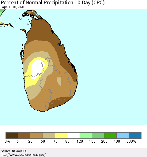 Sri Lanka Percent of Normal Precipitation 10-Day (CPC) Thematic Map For 4/1/2020 - 4/10/2020