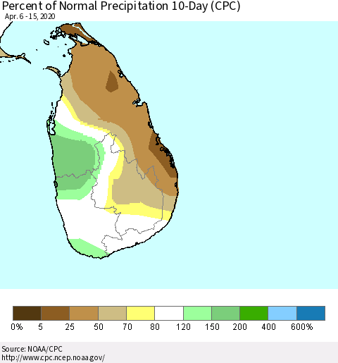 Sri Lanka Percent of Normal Precipitation 10-Day (CPC) Thematic Map For 4/6/2020 - 4/15/2020