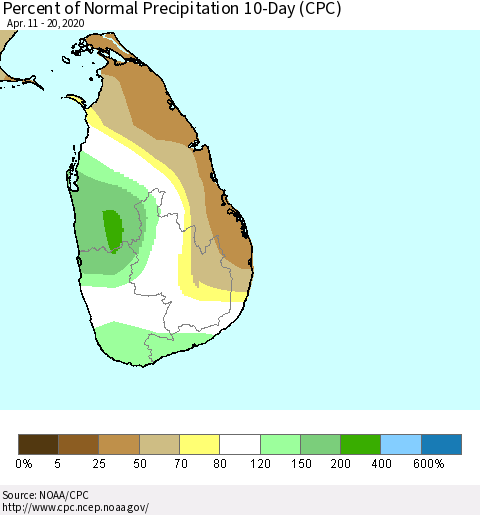 Sri Lanka Percent of Normal Precipitation 10-Day (CPC) Thematic Map For 4/11/2020 - 4/20/2020
