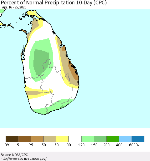 Sri Lanka Percent of Normal Precipitation 10-Day (CPC) Thematic Map For 4/16/2020 - 4/25/2020